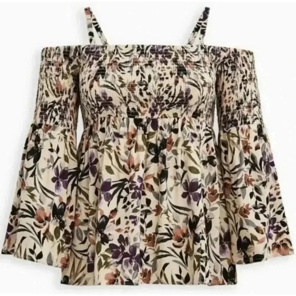 TORRID Challis Floral Long Sleeve Cold Shoulder Smocked Blouse Top Size 5 - Picture 3 of 8